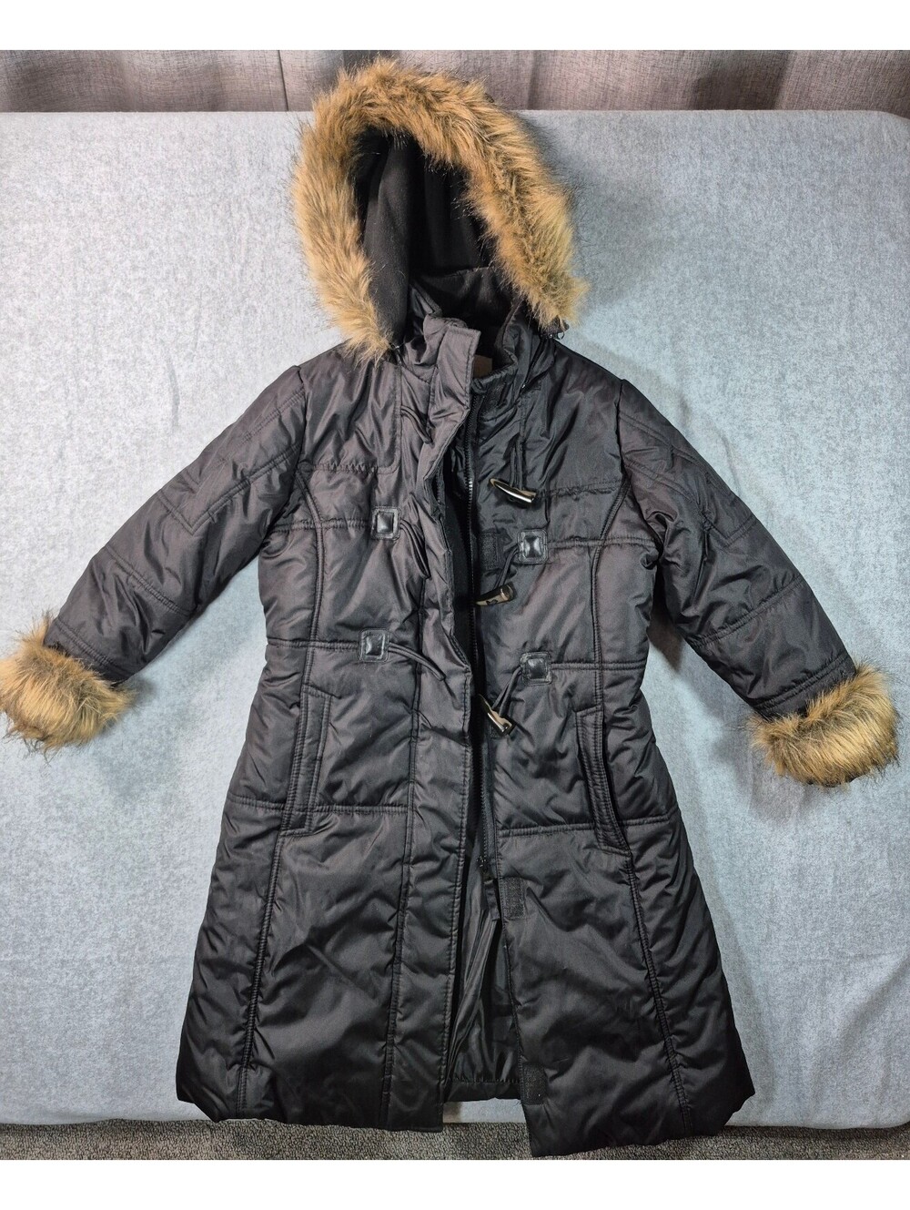 Arizona Jean Company Girls 7/8 Black Long Puffer Coat Faux Fur Hood Toggle